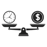 Time And Money On Scales Icon. Time Is Money. Money And Time Bal
