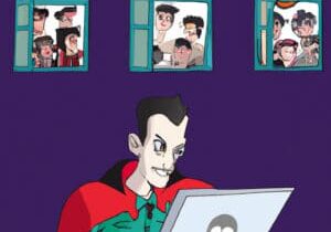 Vampire at a laptop with zombies at the window